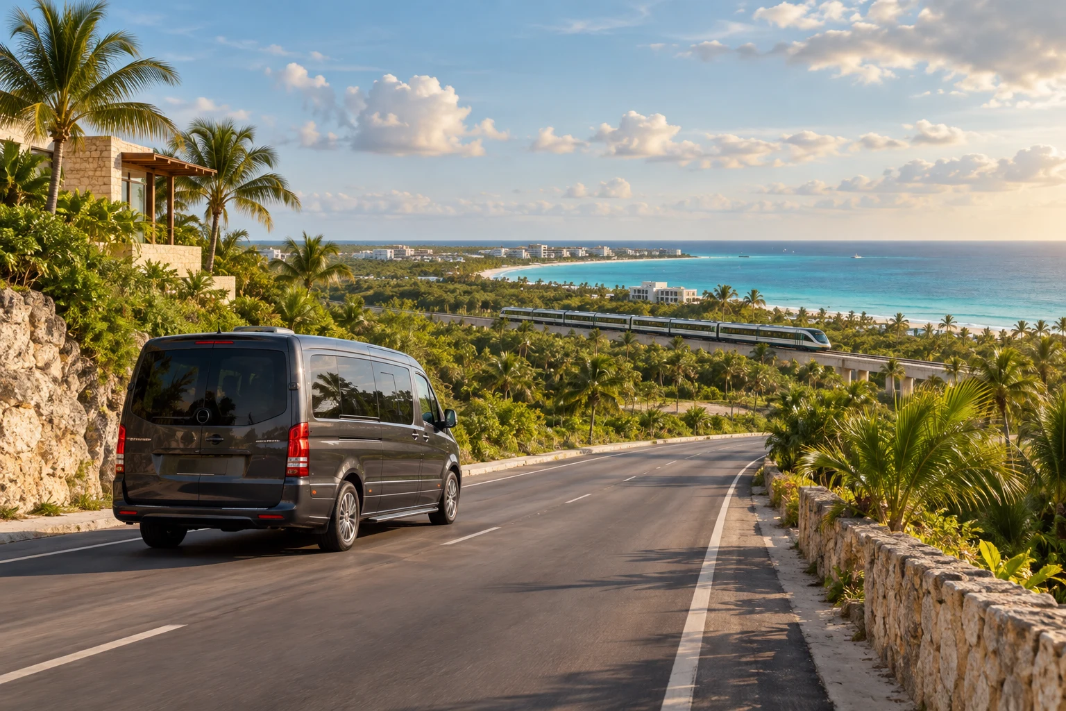 Luxury passenger van traveling toward the Riviera Maya coast with a passenger train in the distance