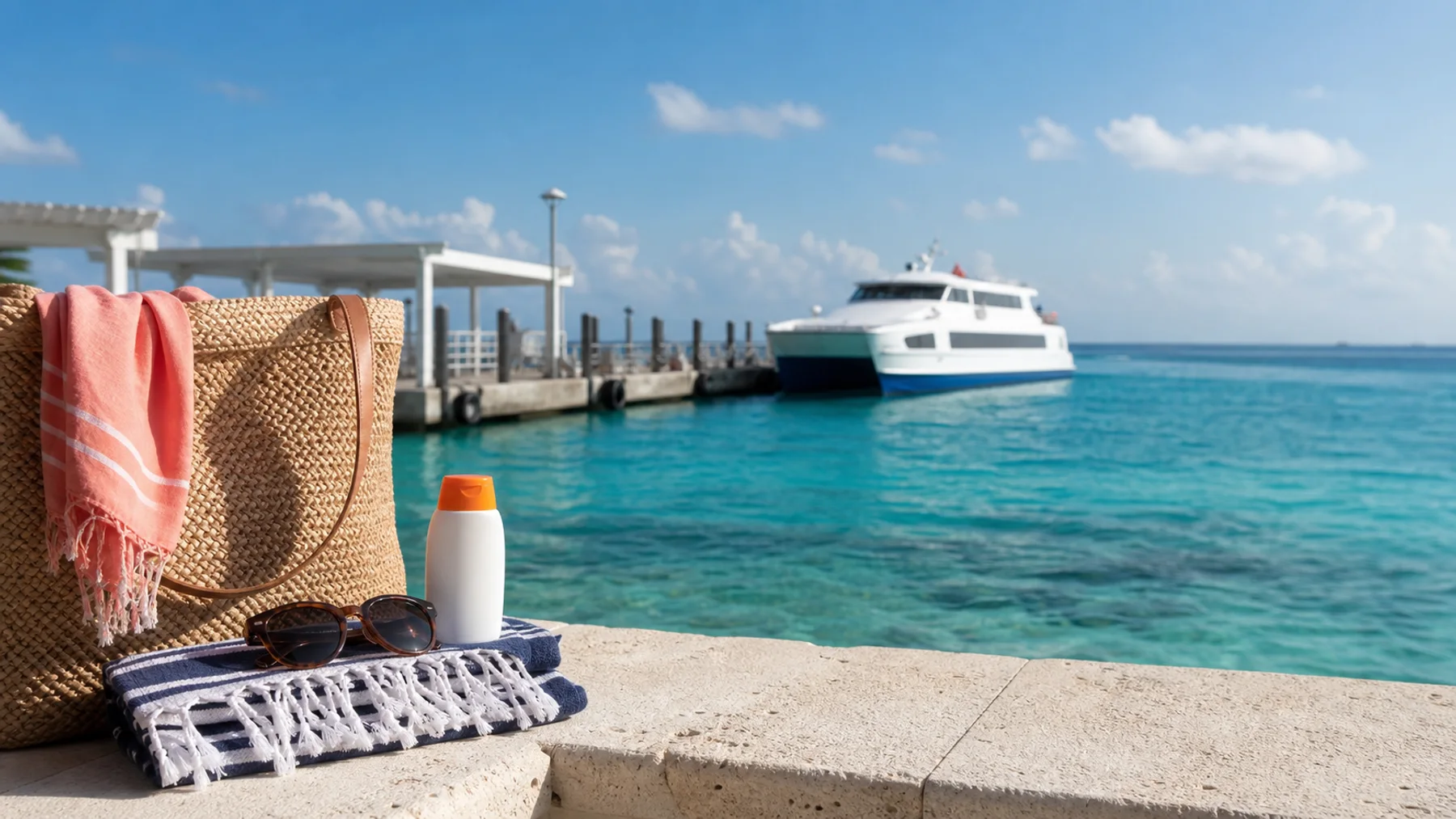 Packed beach bag near the ferry for a Cozumel day trip