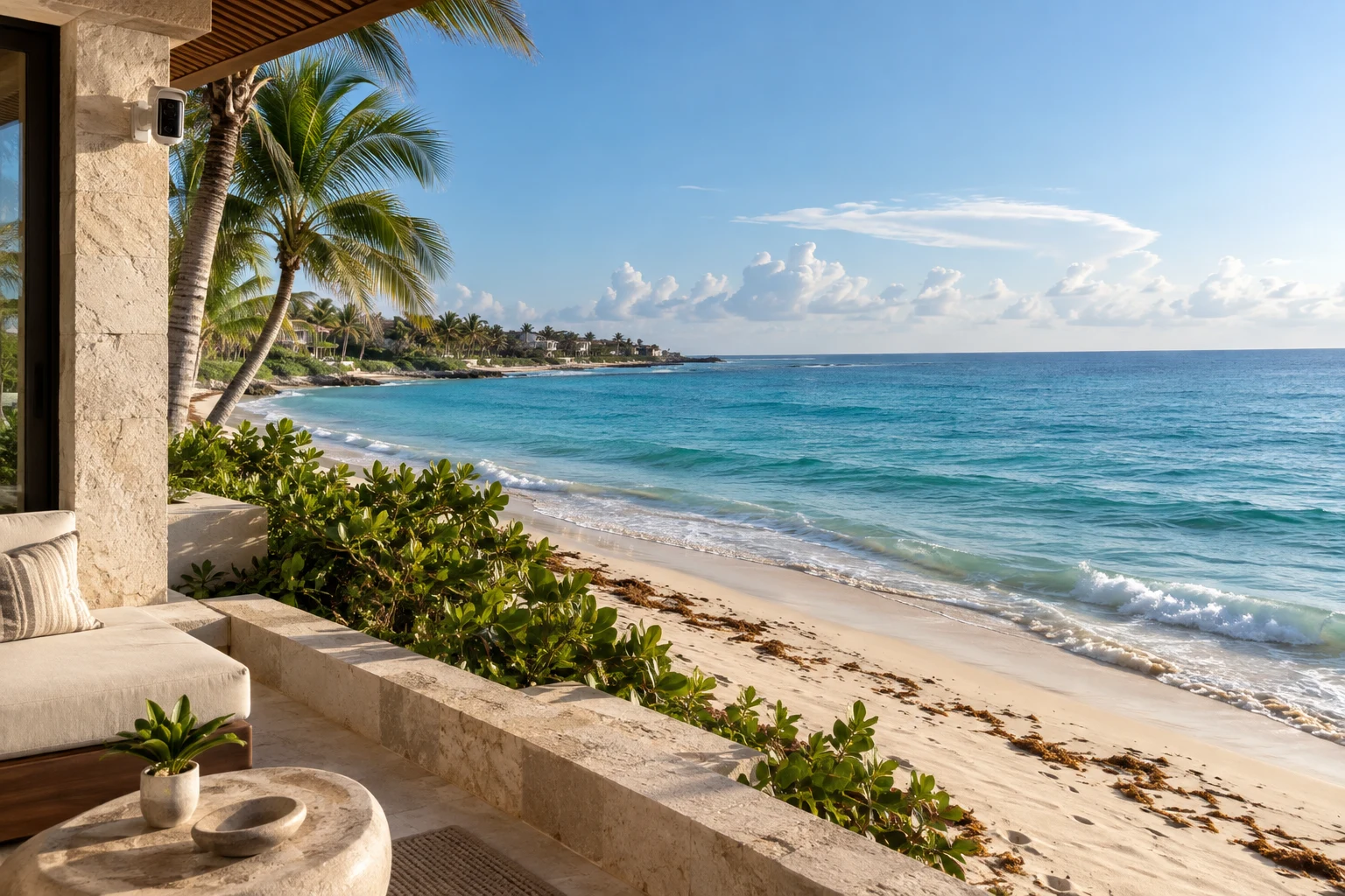 Beachfront terrace overlooking turquoise Caribbean water and light natural seaweed along the Playacar shoreline