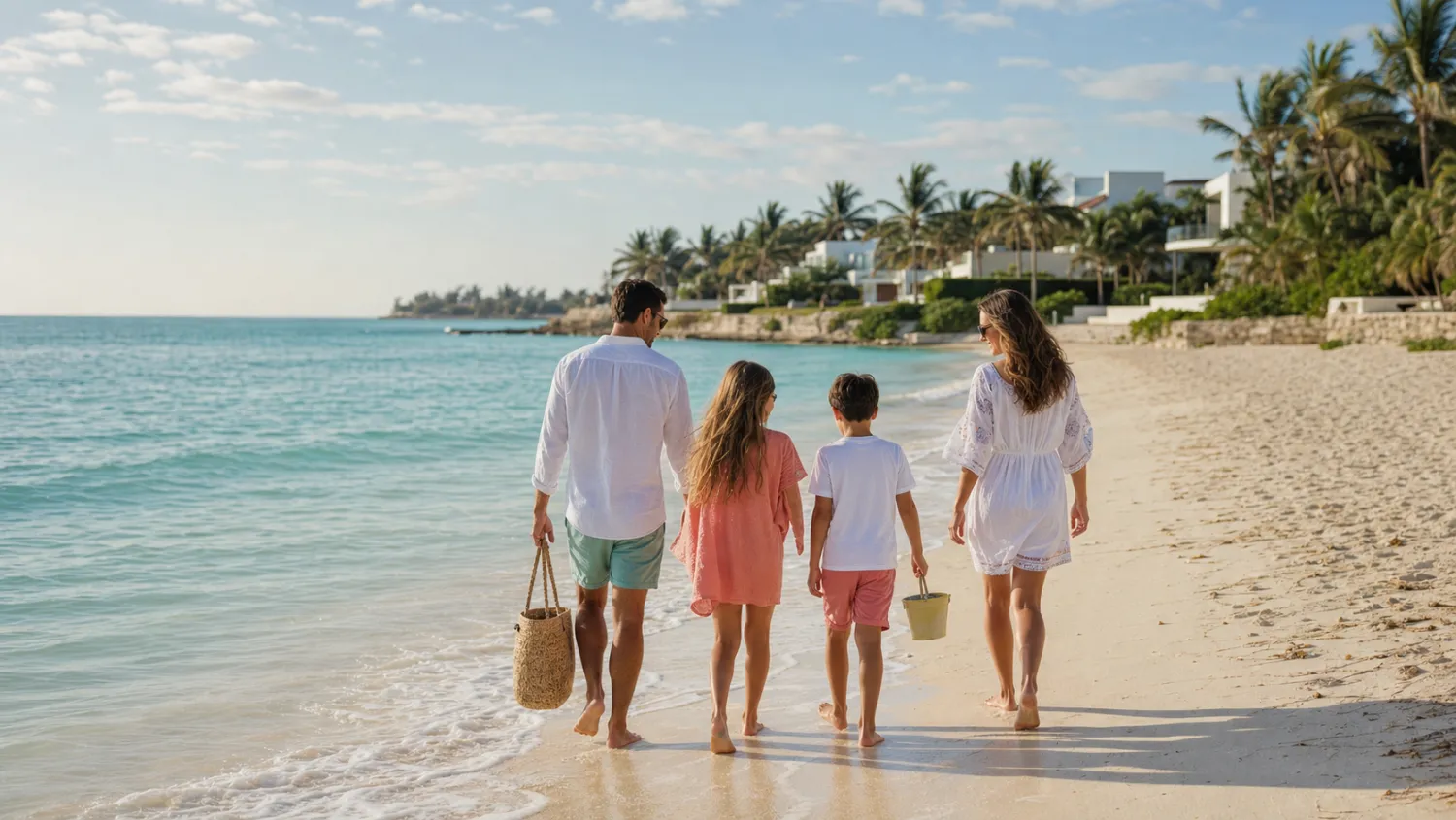 Parents and two children taking a morning walk on a Playacar beach