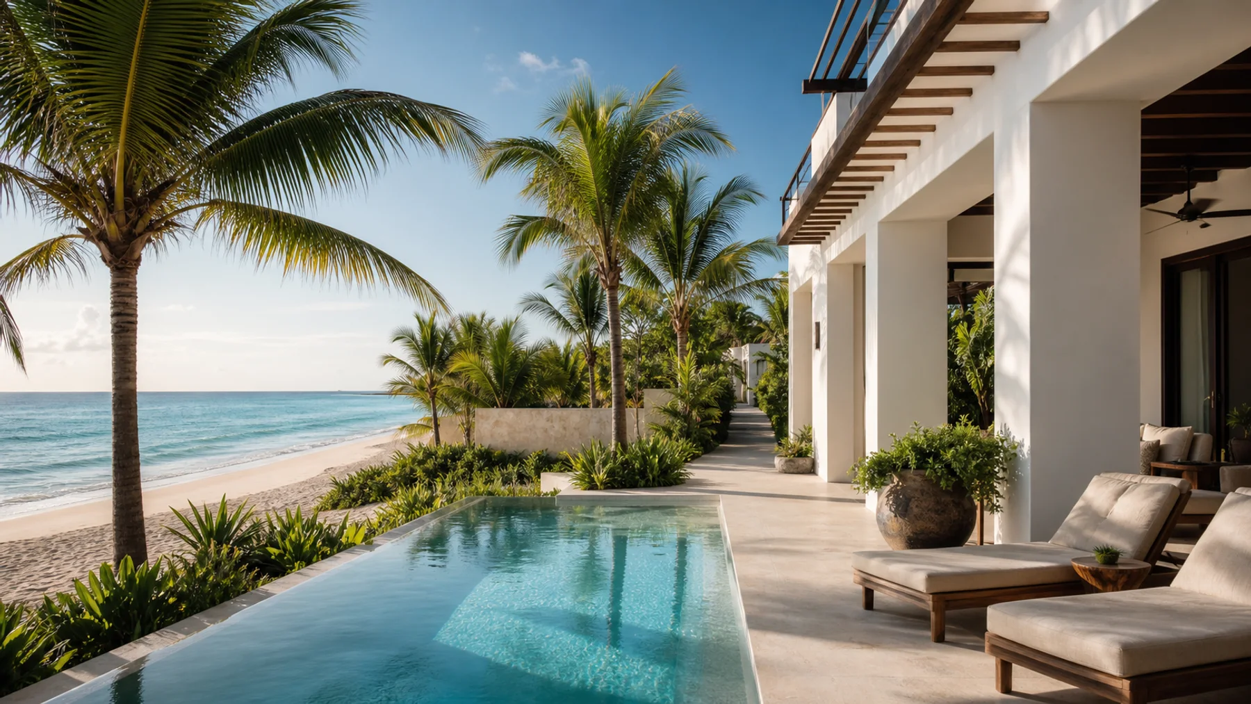 Luxury beachfront villa terrace and pool in Playacar Phase 1, Playa del Carmen