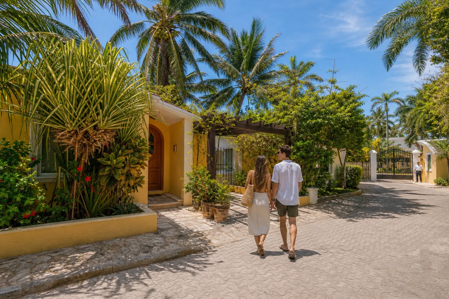 Couple walking past Playacar Phase 1 villas toward the gated entrance and 24/7 security post